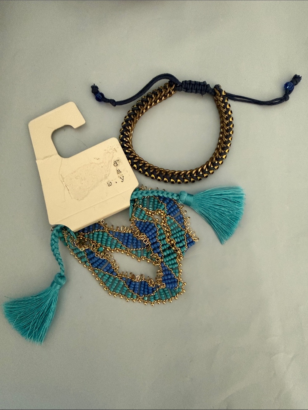 Turquoise & Navy Beaded Tassel and Chain Bracelets